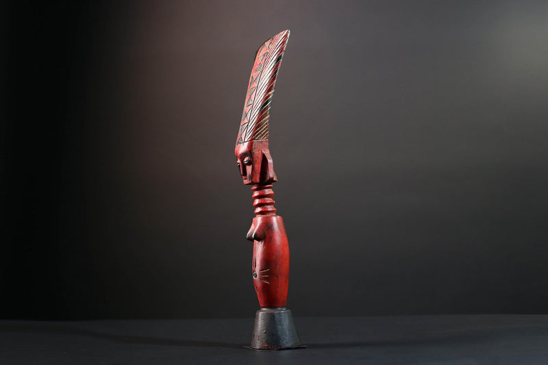 African tribal sculpture female carved wood art red body scarified belly geometric hair crest rustic fertility decor ethnic figure-G5513