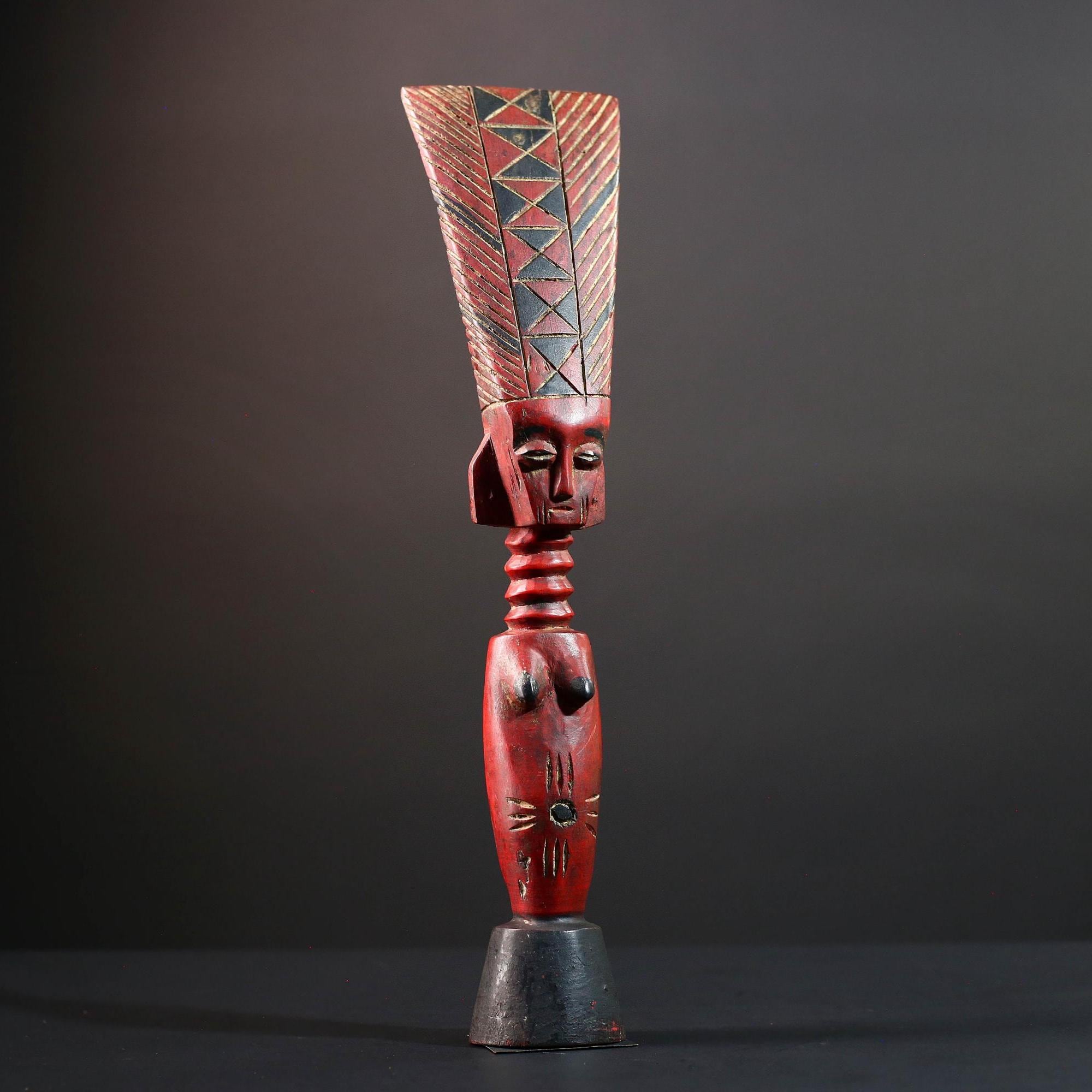 African tribal sculpture female carved wood art red body scarified belly geometric hair crest rustic fertility decor ethnic figure-G5513