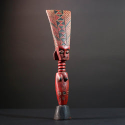African tribal sculpture female carved wood art red body scarified belly geometric hair crest rustic fertility decor ethnic figure-G5513