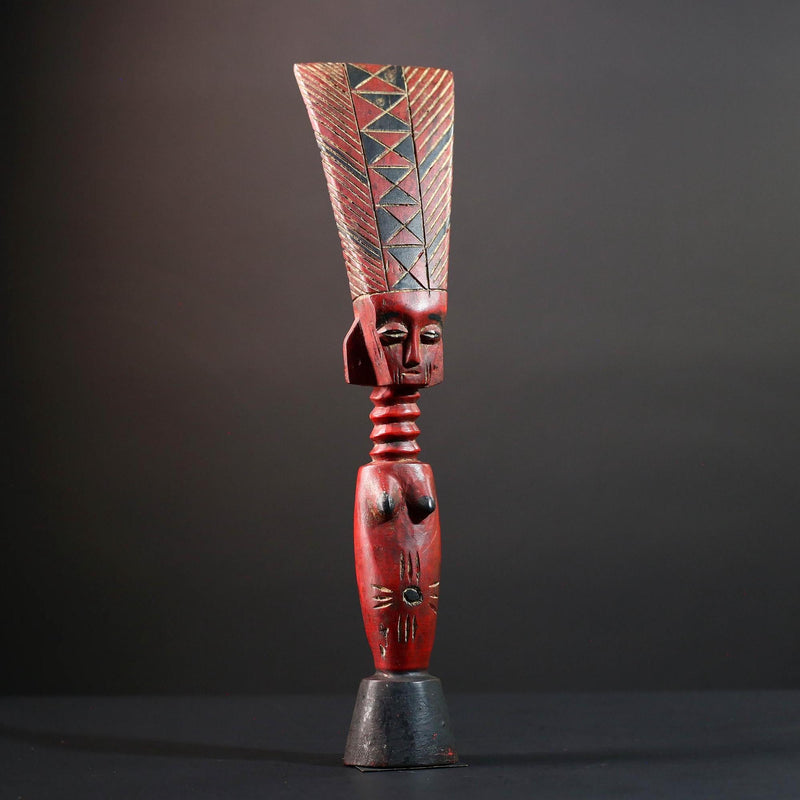 African tribal sculpture female carved wood art red body scarified belly geometric hair crest rustic fertility decor ethnic figure-G5513