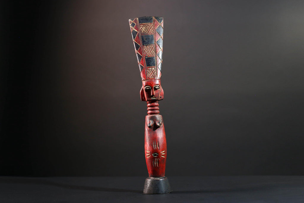 African tribal sculpture red carved wood woman figure scarified body tall crest geometric hair rustic fertility decor ethnic statue-G5512