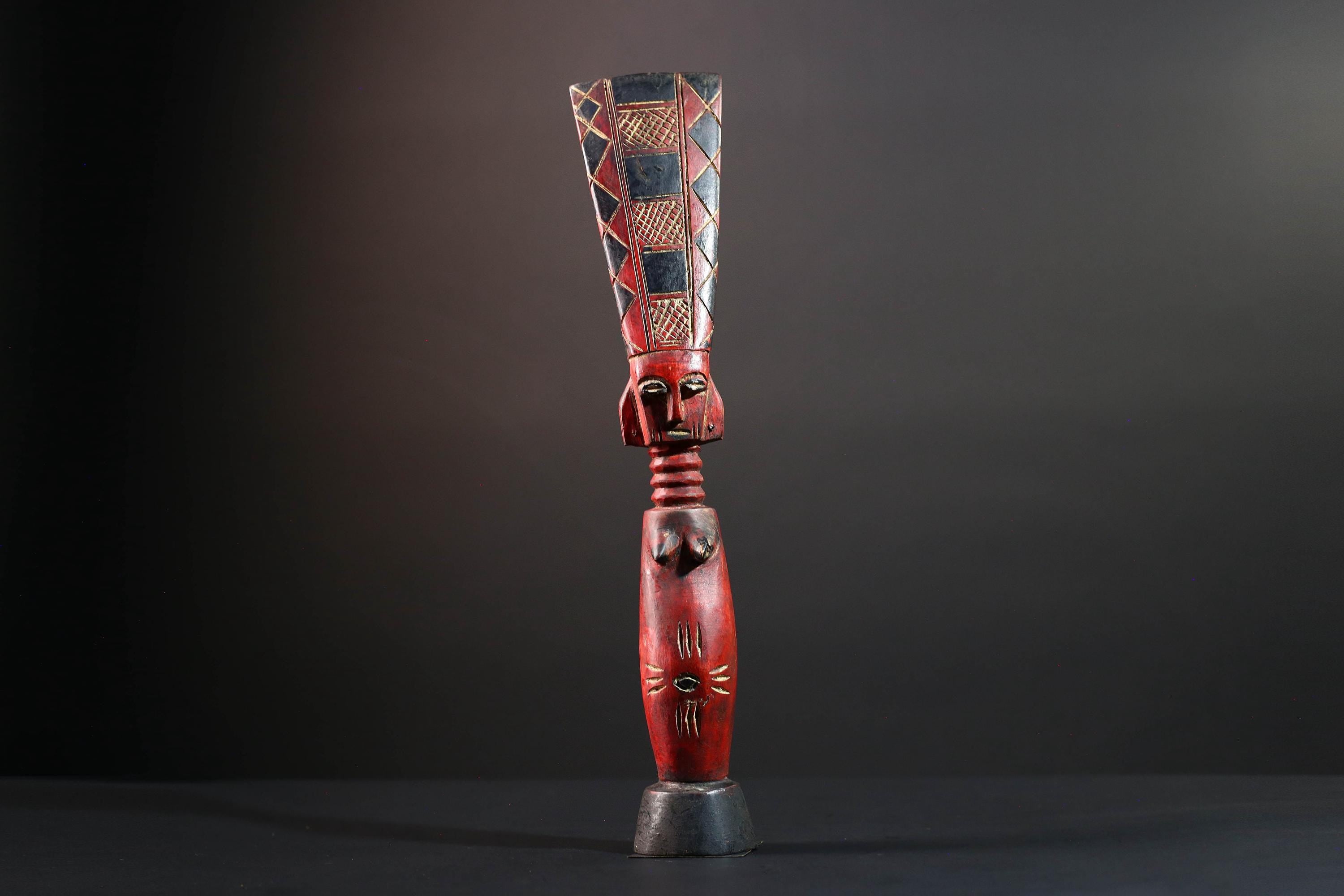 African tribal sculpture red carved wood woman figure scarified body tall crest geometric hair rustic fertility decor ethnic statue-G5512