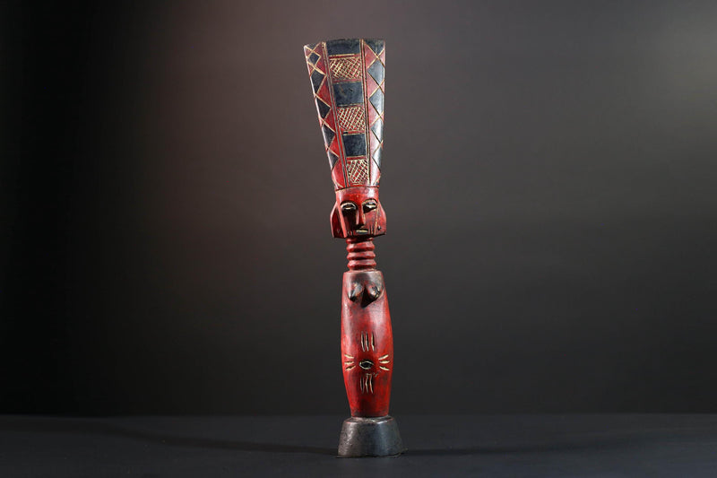 African tribal sculpture red carved wood woman figure scarified body tall crest geometric hair rustic fertility decor ethnic statue-G5512