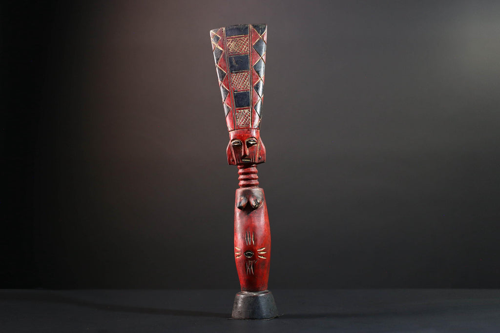 African tribal sculpture red carved wood woman figure scarified body tall crest geometric hair rustic fertility decor ethnic statue-G5512