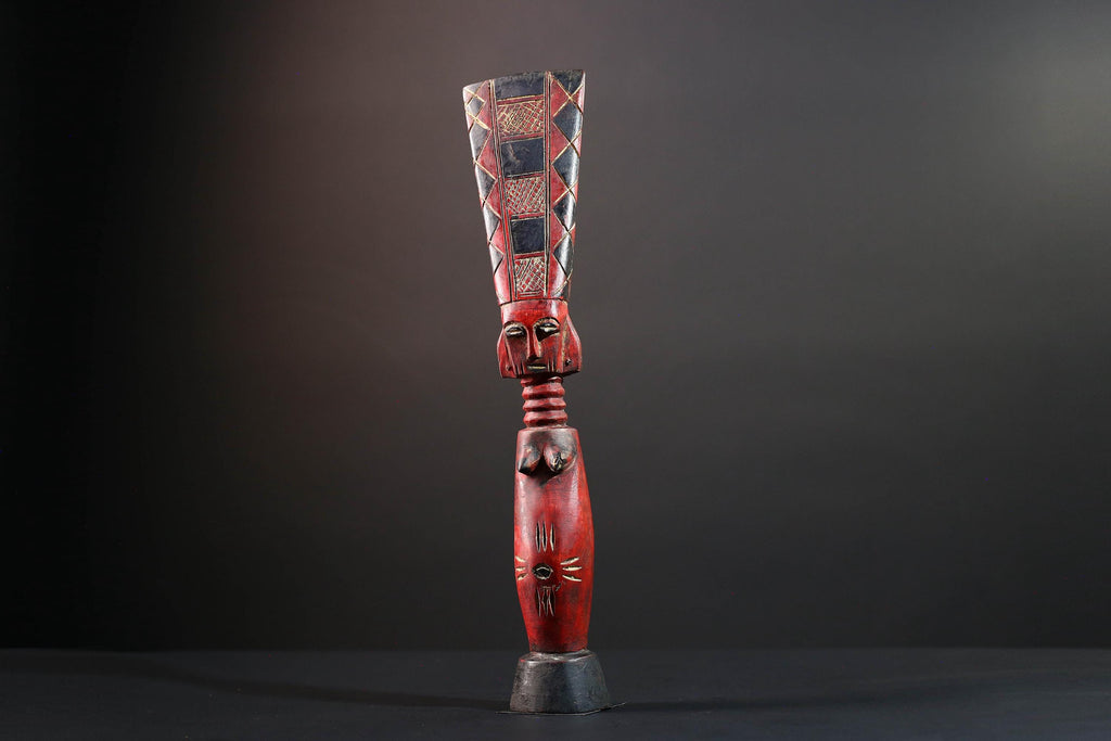 African tribal sculpture red carved wood woman figure scarified body tall crest geometric hair rustic fertility decor ethnic statue-G5512