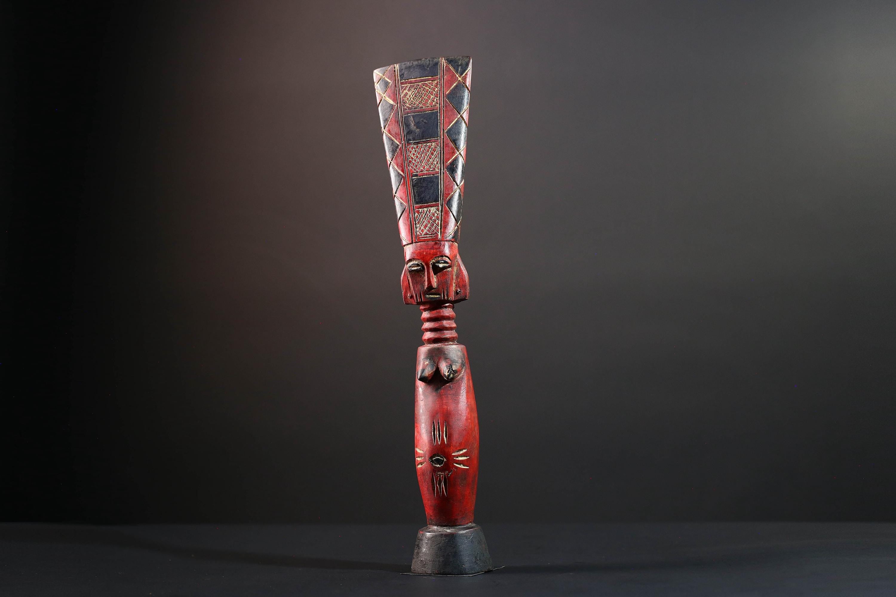 African tribal sculpture red carved wood woman figure scarified body tall crest geometric hair rustic fertility decor ethnic statue-G5512