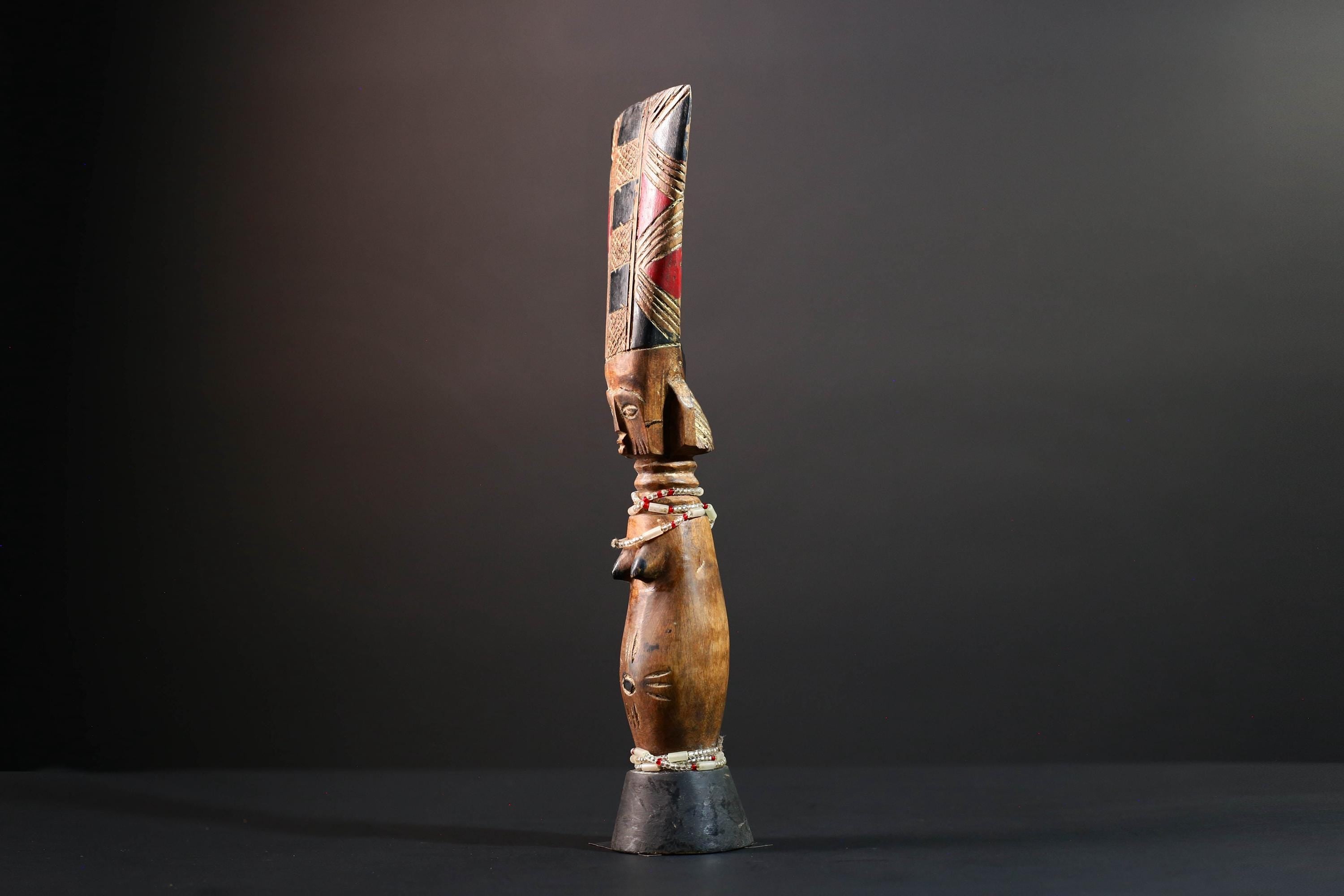 African carved sculpture tribal female wood statue scarified figure natural finish beaded waist crest art fertility ethnic decor-G5511