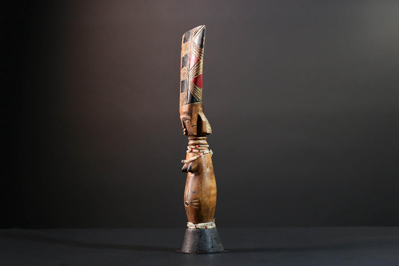 African carved sculpture tribal female wood statue scarified figure natural finish beaded waist crest art fertility ethnic decor-G5511