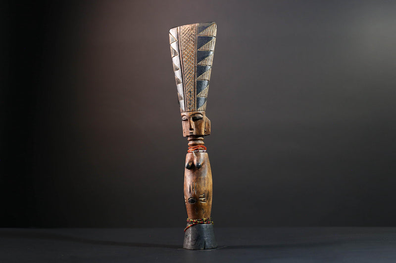 African tribal sculpture hand carved wood figure Baule decor fertility statue cultural home accent tall crest art display-G5510