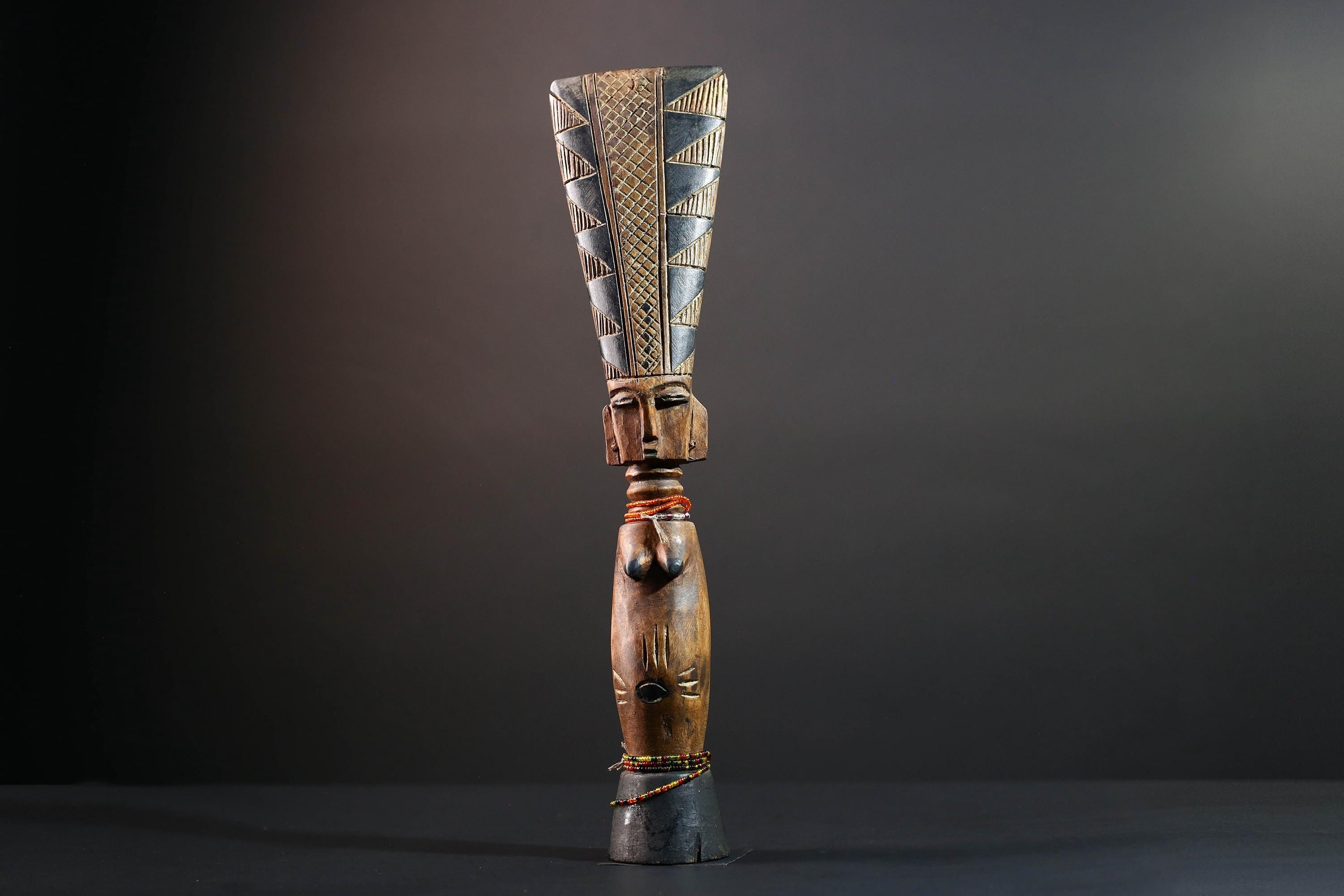 African tribal sculpture hand carved wood figure Baule decor fertility statue cultural home accent tall crest art display-G5510
