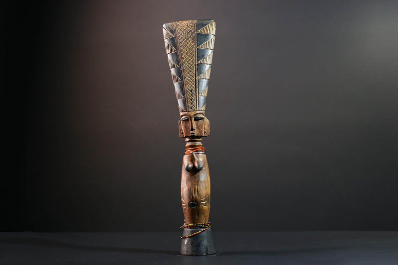 African tribal sculpture hand carved wood figure Baule decor fertility statue cultural home accent tall crest art display-G5510