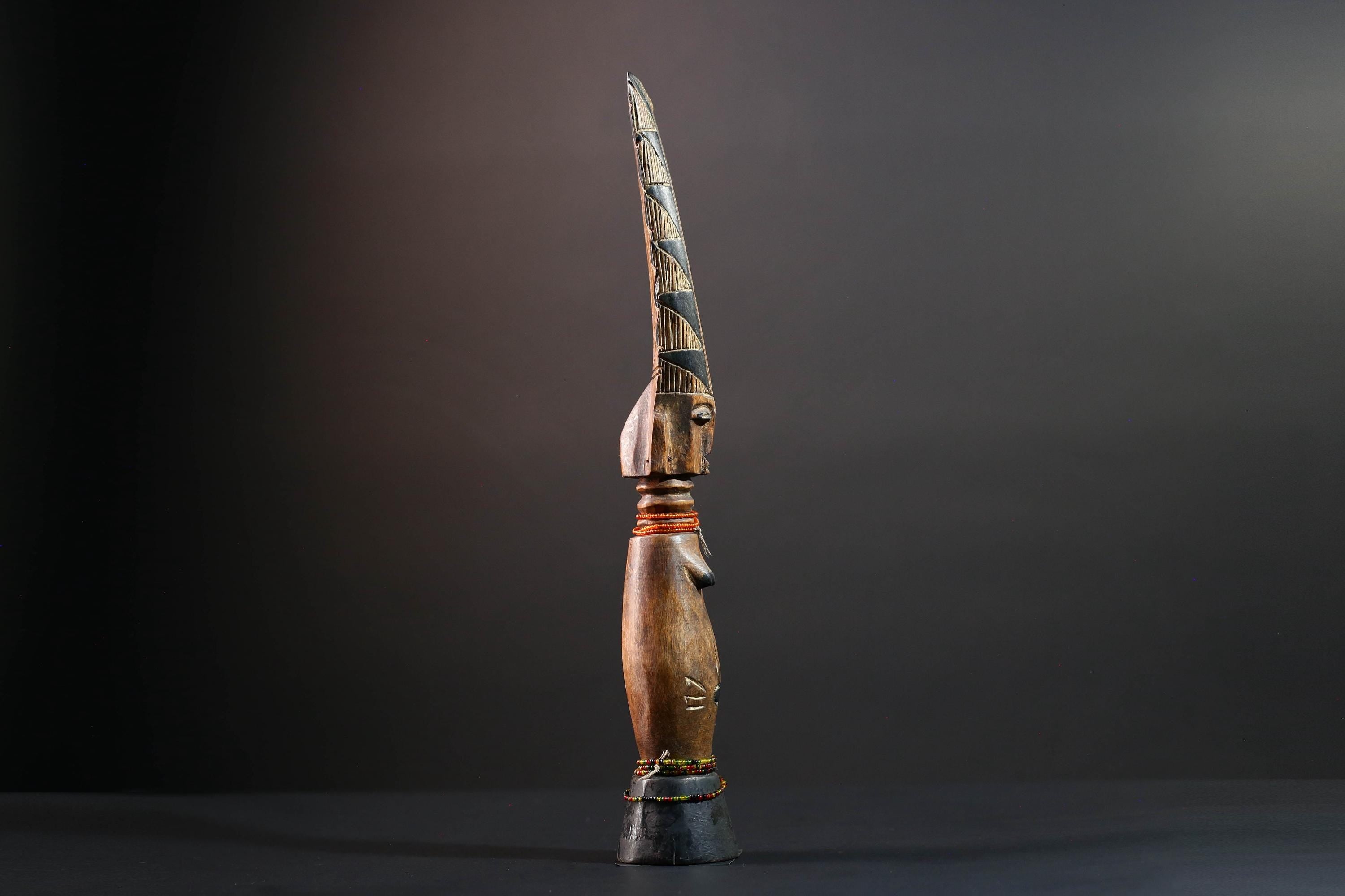 African tribal sculpture hand carved wood figure Baule decor fertility statue cultural home accent tall crest art display-G5510