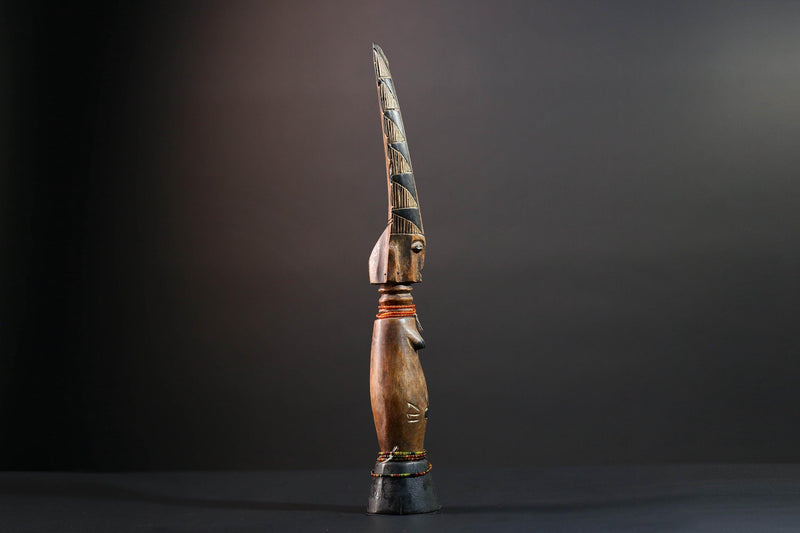 African tribal sculpture hand carved wood figure Baule decor fertility statue cultural home accent tall crest art display-G5510