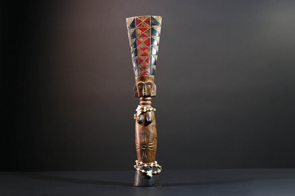 African carved sculpture tribal female wood statue scarified figure natural finish beaded waist crest art fertility ethnic decor-G5509