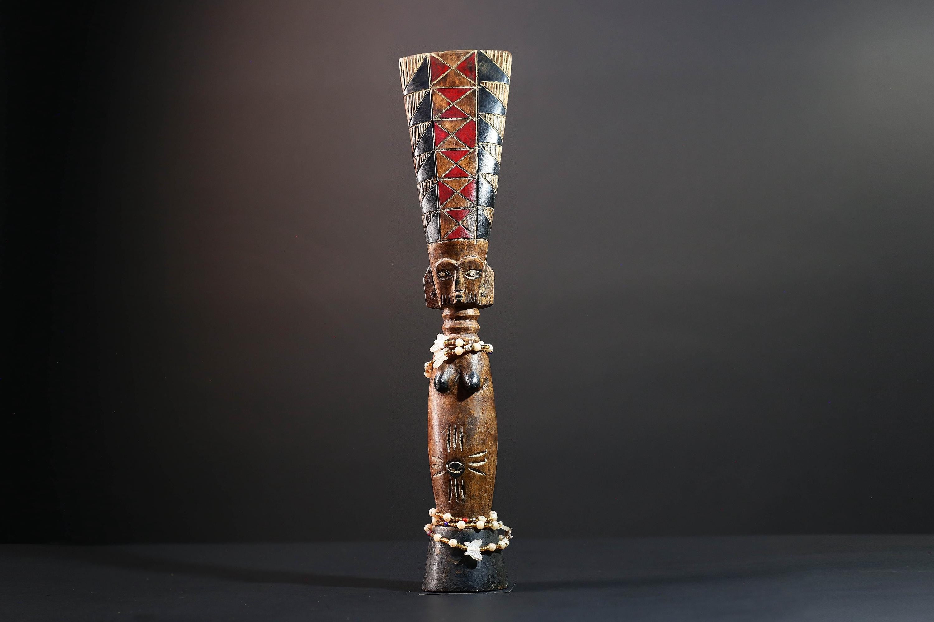 African carved sculpture tribal female wood statue scarified figure natural finish beaded waist crest art fertility ethnic decor-G5509