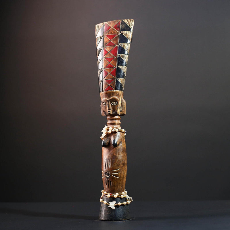 African carved sculpture tribal female wood statue scarified figure natural finish beaded waist crest art fertility ethnic decor-G5509
