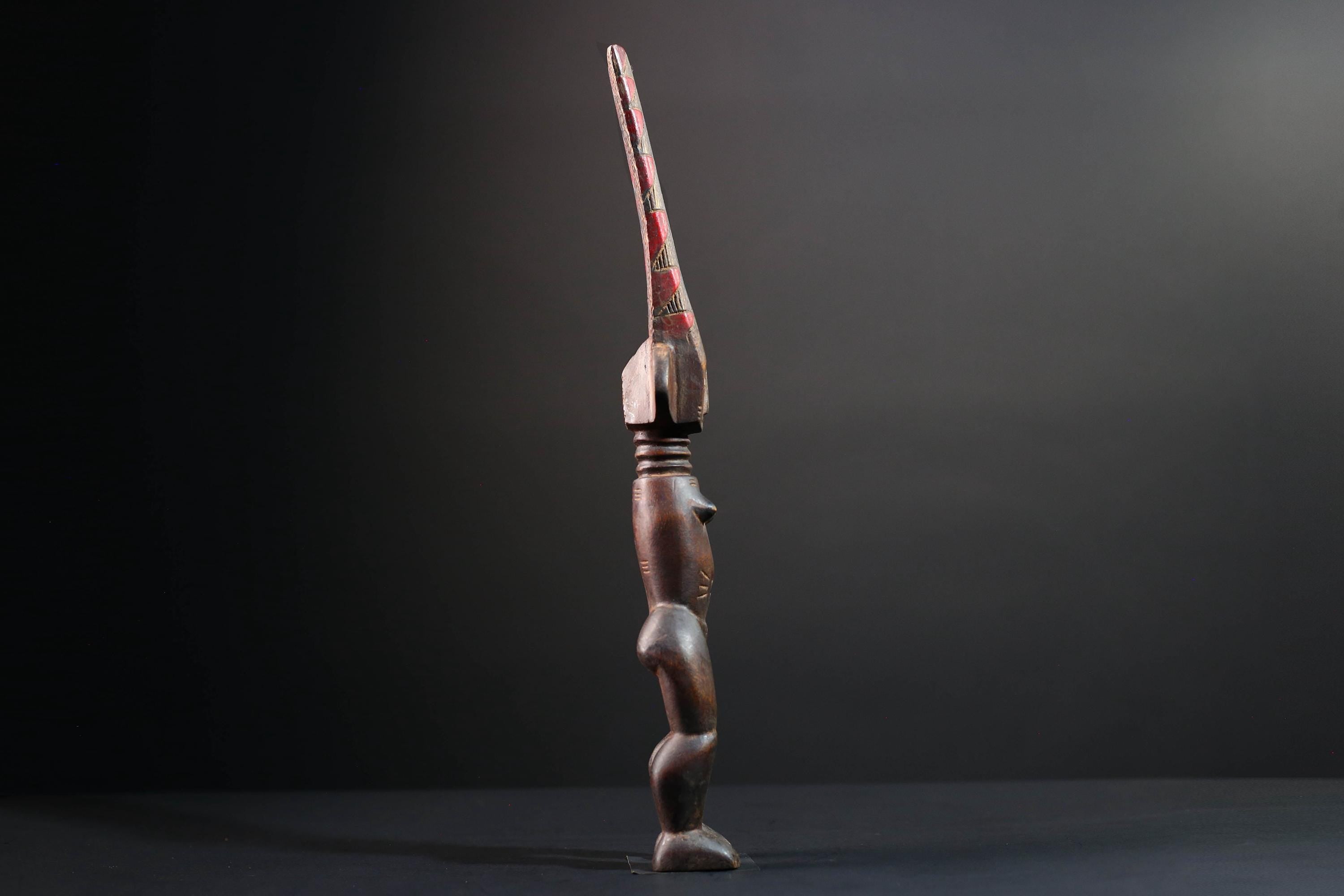 African tribal sculpture full body female figure wooden fertility art statue with tall ridged crest and symbolic carved details-G5508