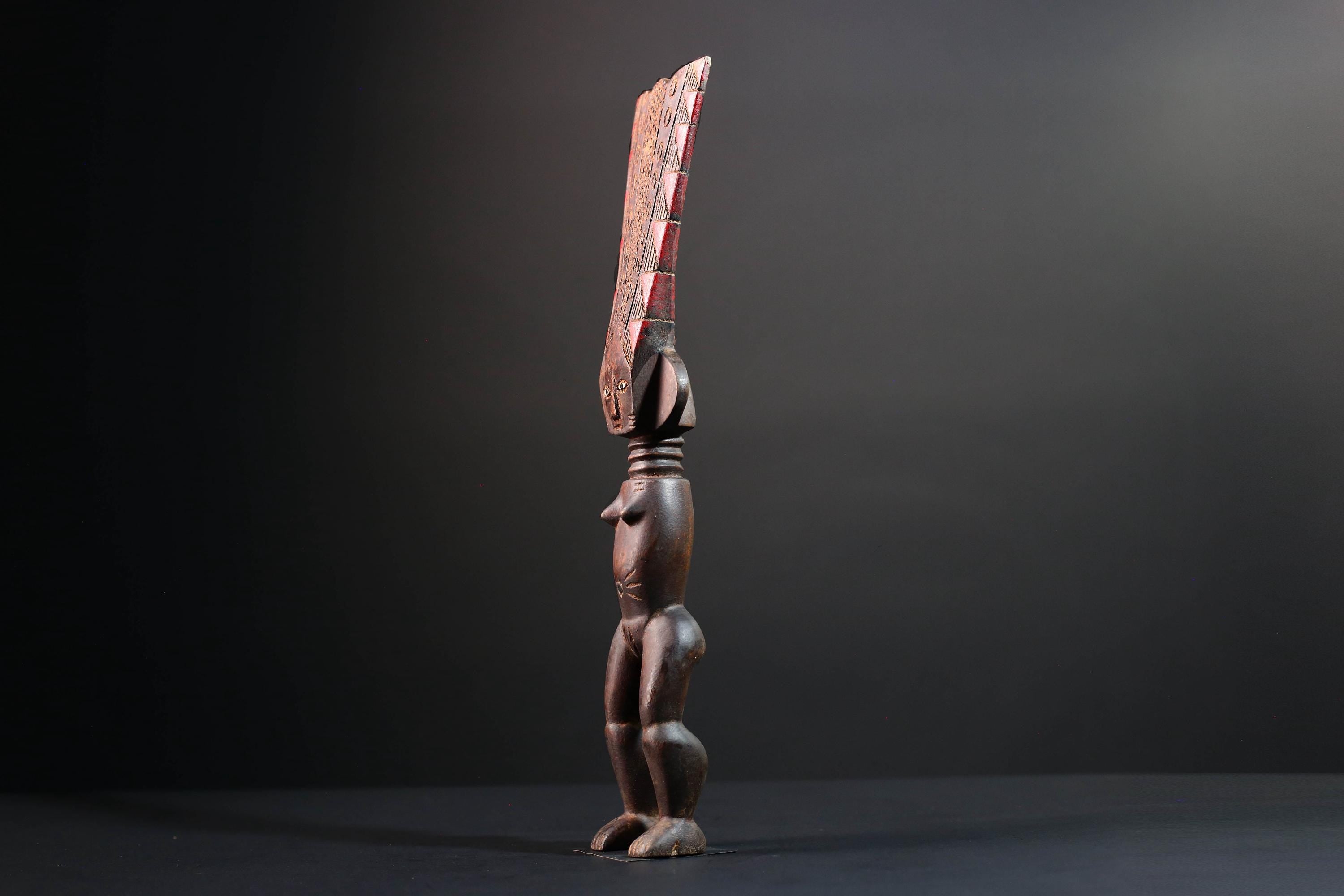 African tribal sculpture full body female figure wooden fertility art statue with tall ridged crest and symbolic carved details-G5508