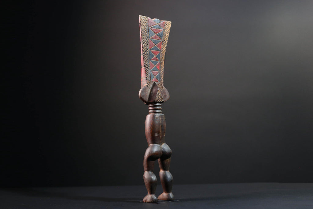 African tribal sculpture full body female figure wooden fertility art statue with tall ridged crest and symbolic carved details-G5508
