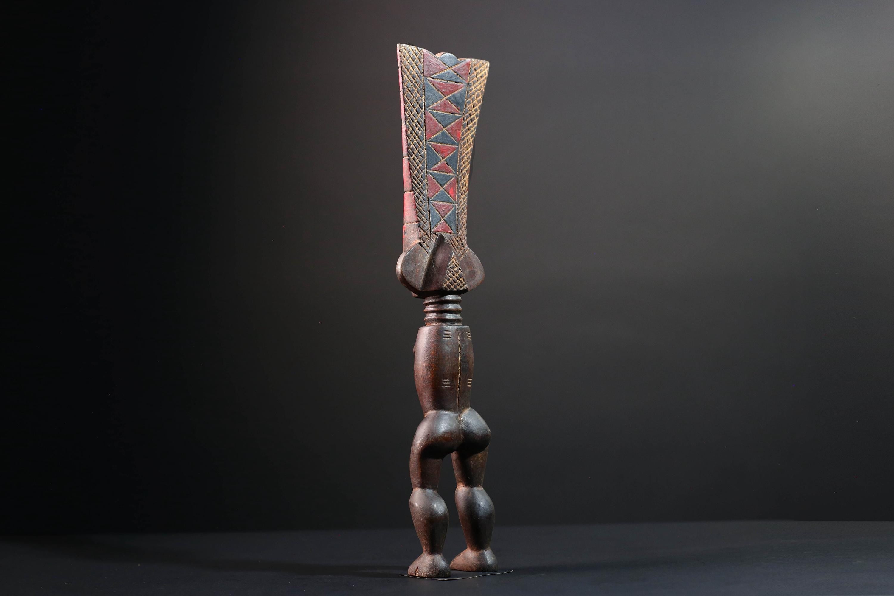 African tribal sculpture full body female figure wooden fertility art statue with tall ridged crest and symbolic carved details-G5508