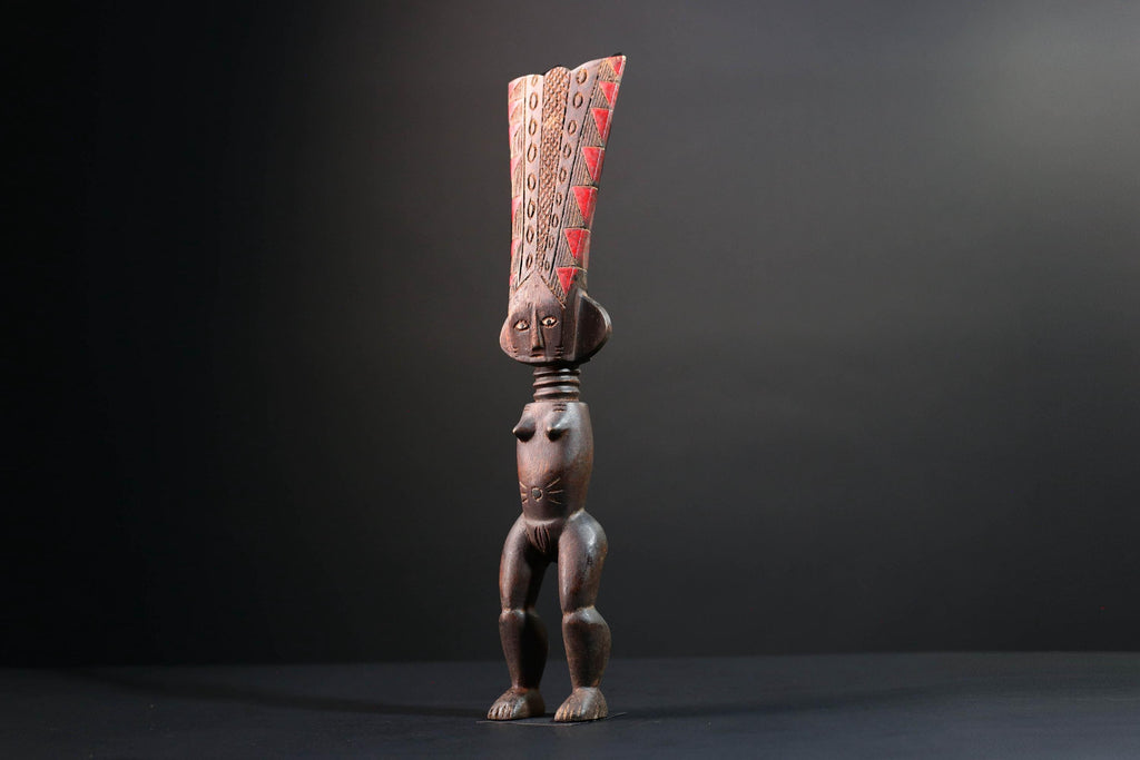 African tribal sculpture full body female figure wooden fertility art statue with tall ridged crest and symbolic carved details-G5508
