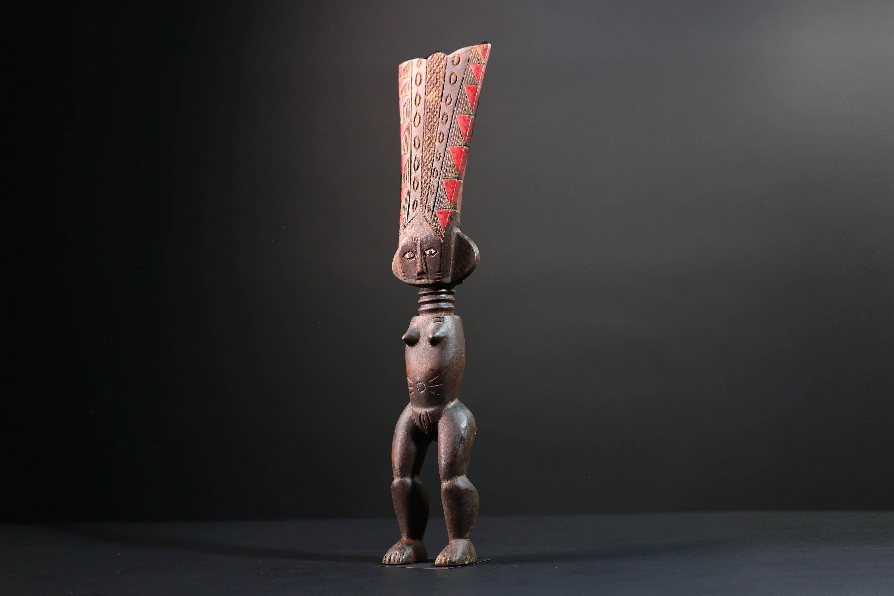 African tribal sculpture full body female figure wooden fertility art statue with tall ridged crest and symbolic carved details-G5508