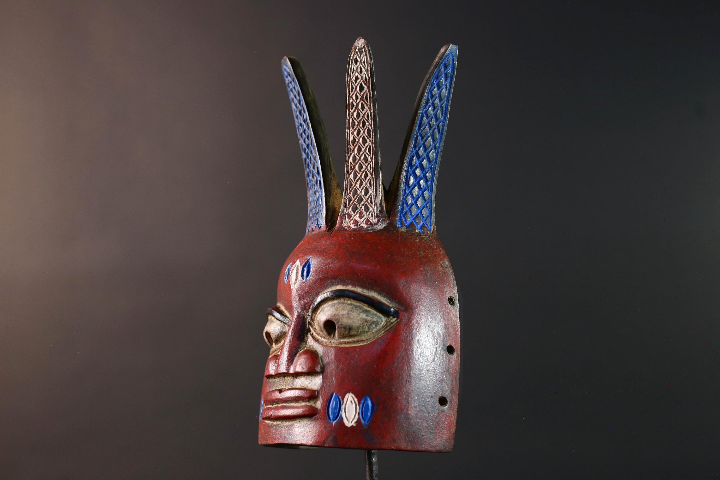 African tribal wall mask red face bwoom songye art carved sculpture mask with crest african wall decor handmade rustic gift for him-G5537