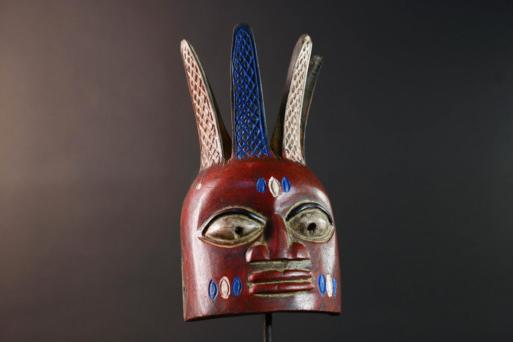 African tribal wall mask red face bwoom songye art carved sculpture mask with crest african wall decor handmade rustic gift for him-G5537