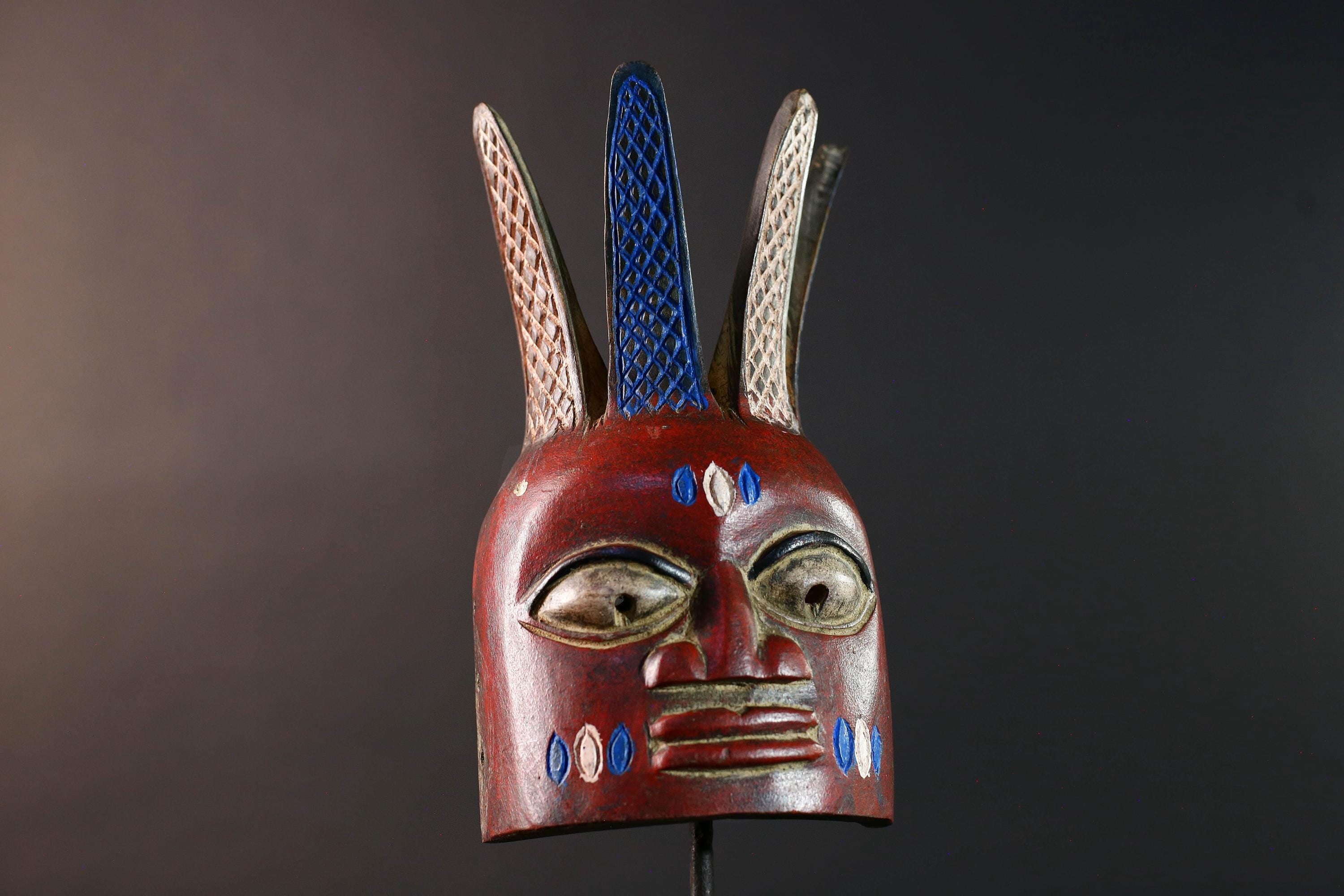 African tribal wall mask red face bwoom songye art carved sculpture mask with crest african wall decor handmade rustic gift for him-G5537