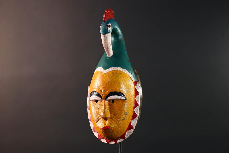 African guro bird mask wall decor yellow face tribal sculpture art hand carved wall hanging african home accent gift for him rustic-G5536
