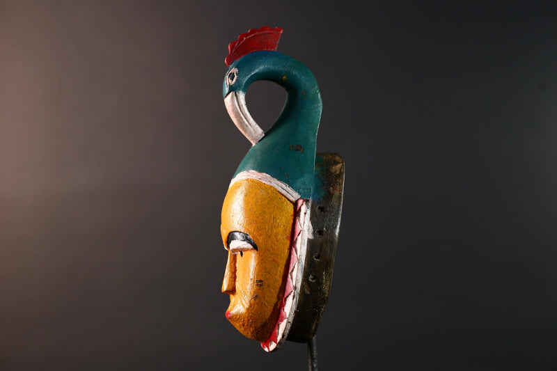 African guro bird mask wall decor yellow face tribal sculpture art hand carved wall hanging african home accent gift for him rustic-G5536