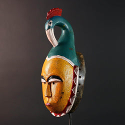 African guro bird mask wall decor yellow face tribal sculpture art hand carved wall hanging african home accent gift for him rustic-G5536