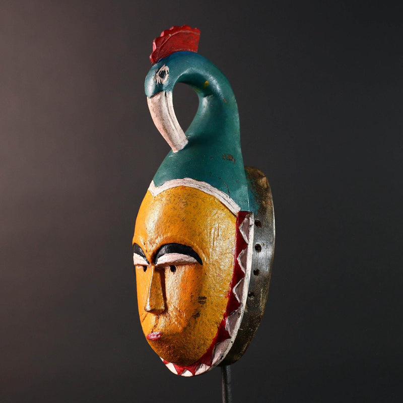 African guro bird mask wall decor yellow face tribal sculpture art hand carved wall hanging african home accent gift for him rustic-G5536