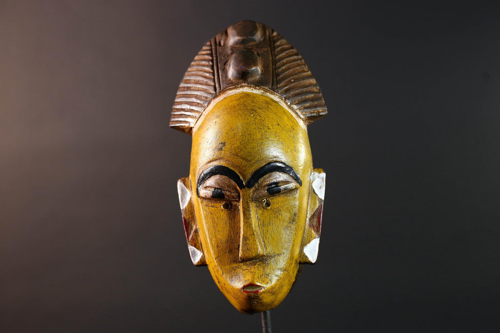 African baule wall mask yellow face tribal art hand carved wood sculpture african wall decor rustic home accent gift for him portrait-G5535