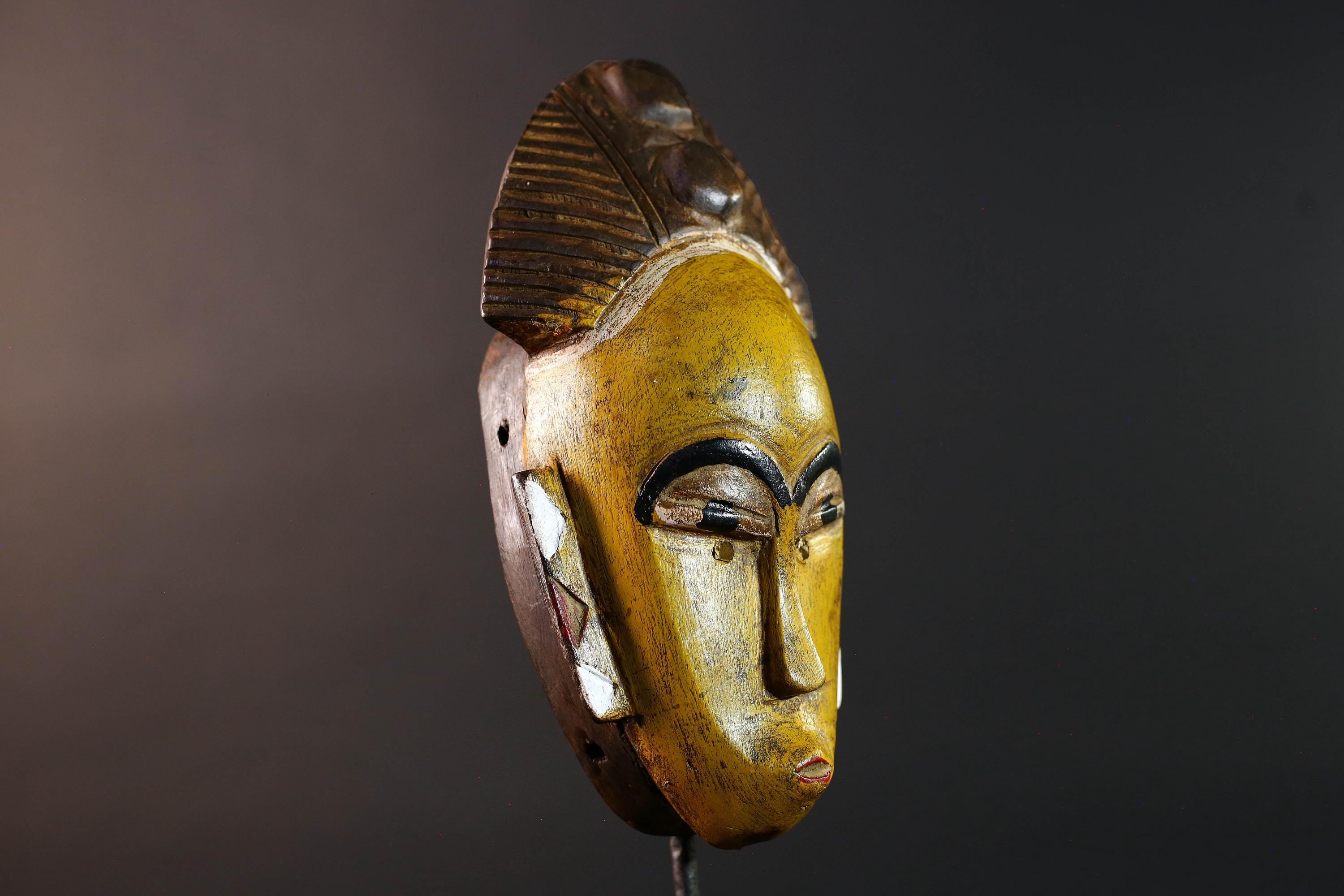 African baule wall mask yellow face tribal art hand carved wood sculpture african wall decor rustic home accent gift for him portrait-G5535