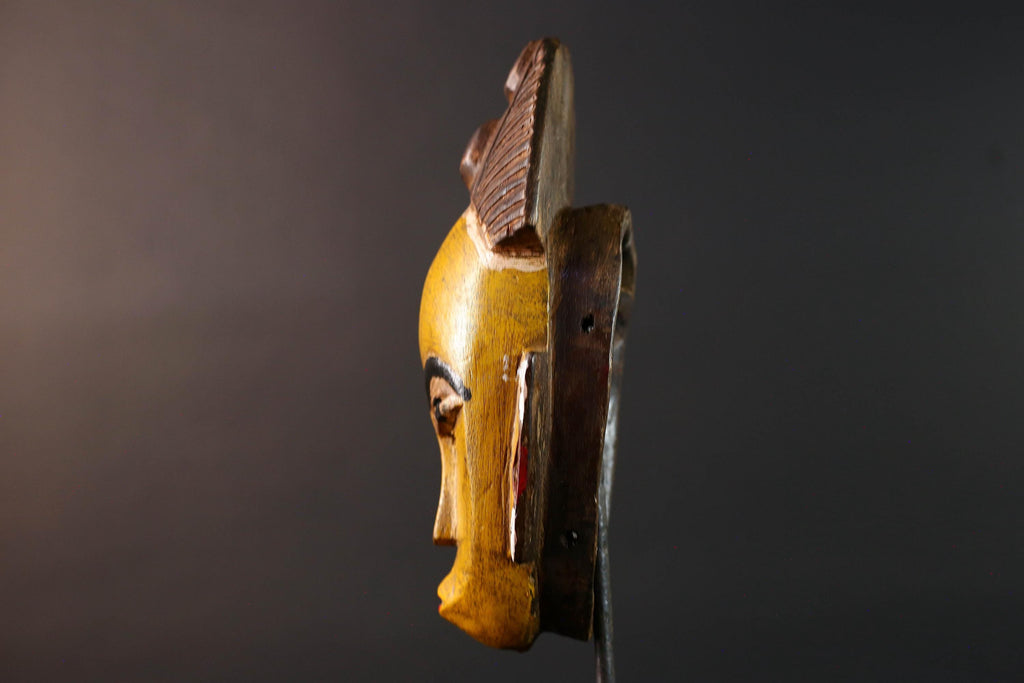 African baule wall mask yellow face tribal art hand carved wood sculpture african wall decor rustic home accent gift for him portrait-G5535