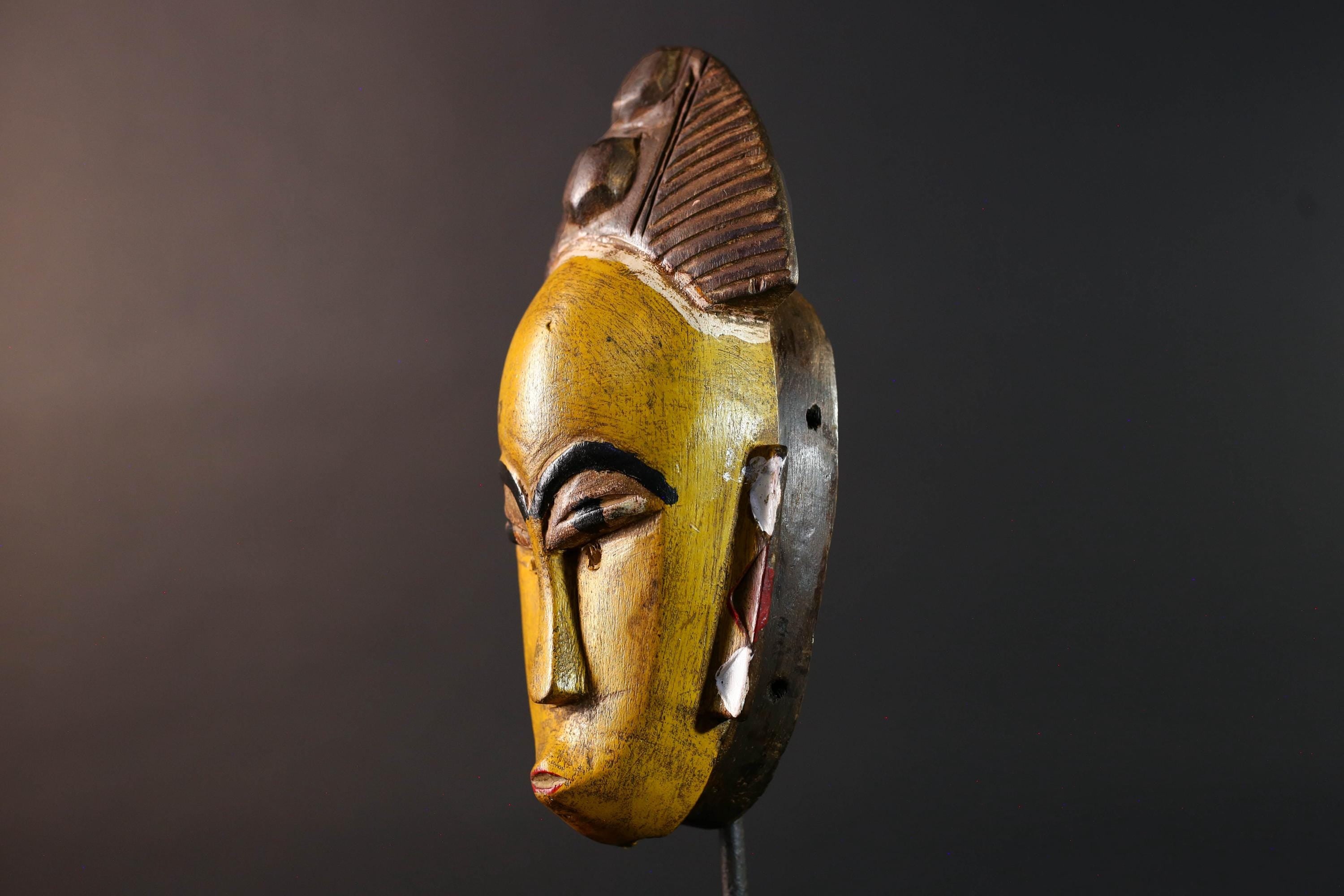 African baule wall mask yellow face tribal art hand carved wood sculpture african wall decor rustic home accent gift for him portrait-G5535