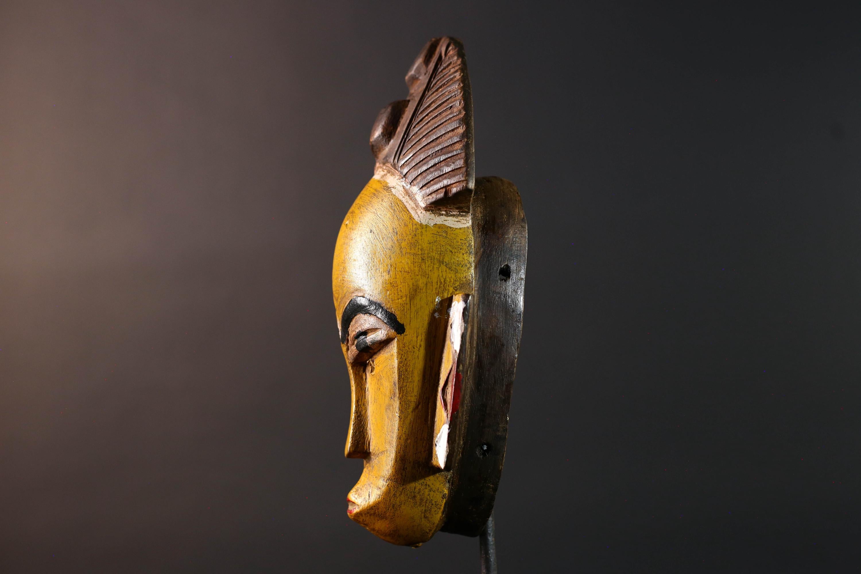 African baule wall mask yellow face tribal art hand carved wood sculpture african wall decor rustic home accent gift for him portrait-G5535