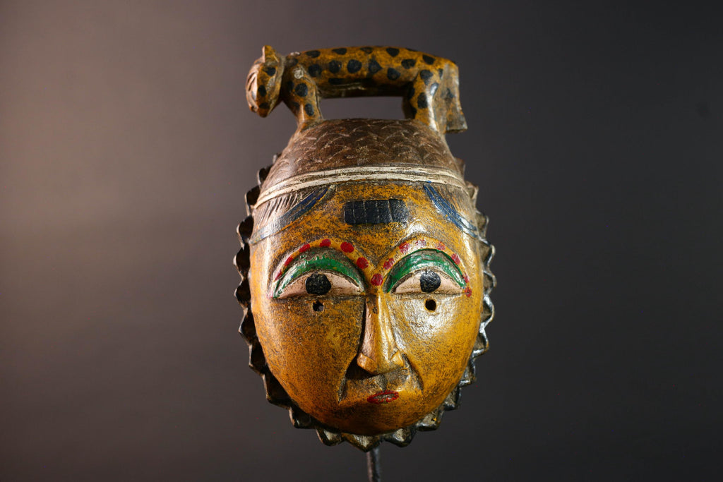 African guro mask wall decor yellow tribal art with animal crest hand carved face sculpture rustic african home gift for him portrait-G5534