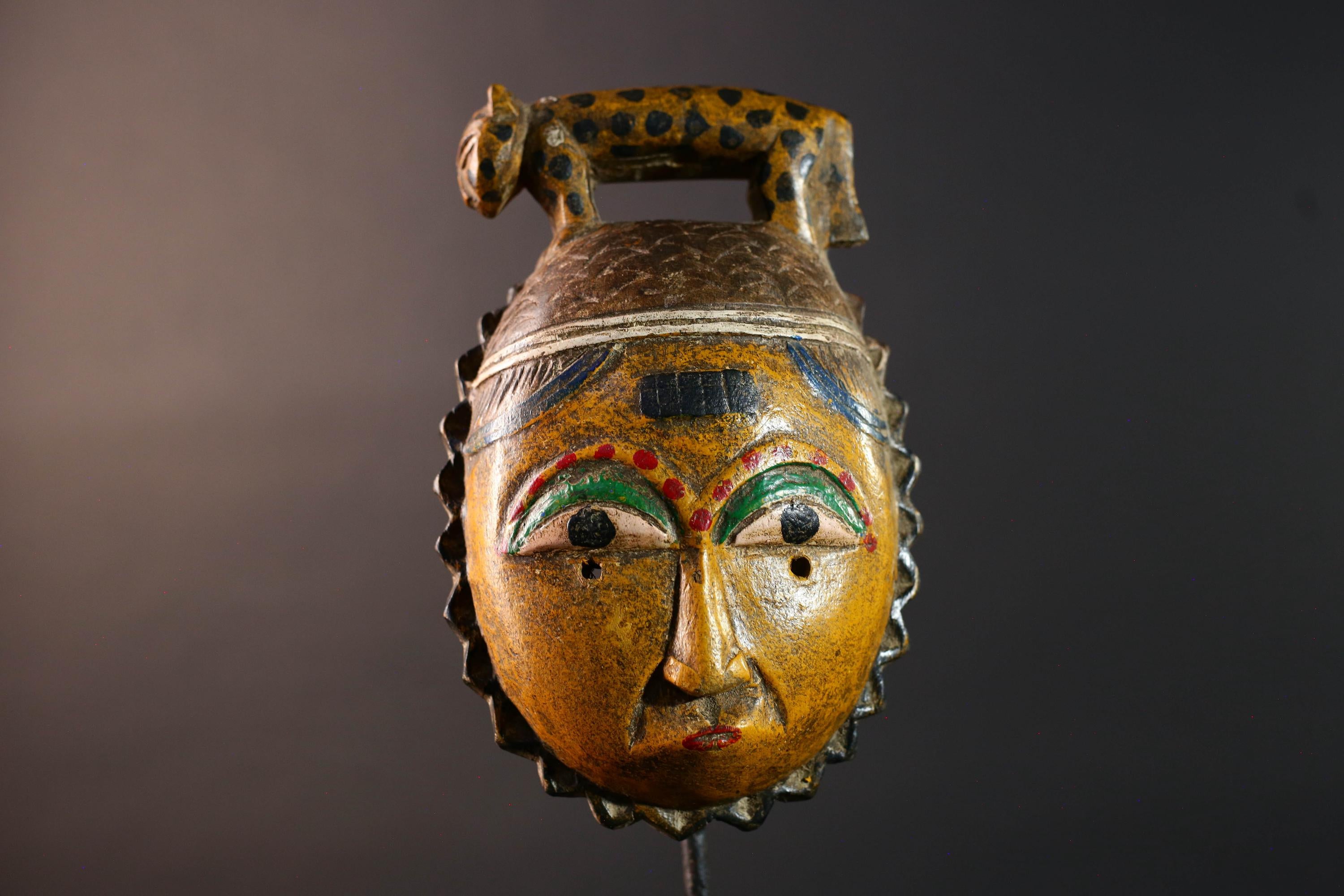 African guro mask wall decor yellow tribal art with animal crest hand carved face sculpture rustic african home gift for him portrait-G5534