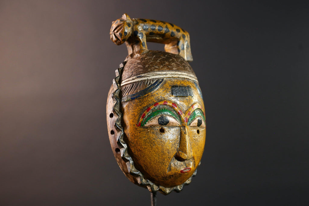 African guro mask wall decor yellow tribal art with animal crest hand carved face sculpture rustic african home gift for him portrait-G5534