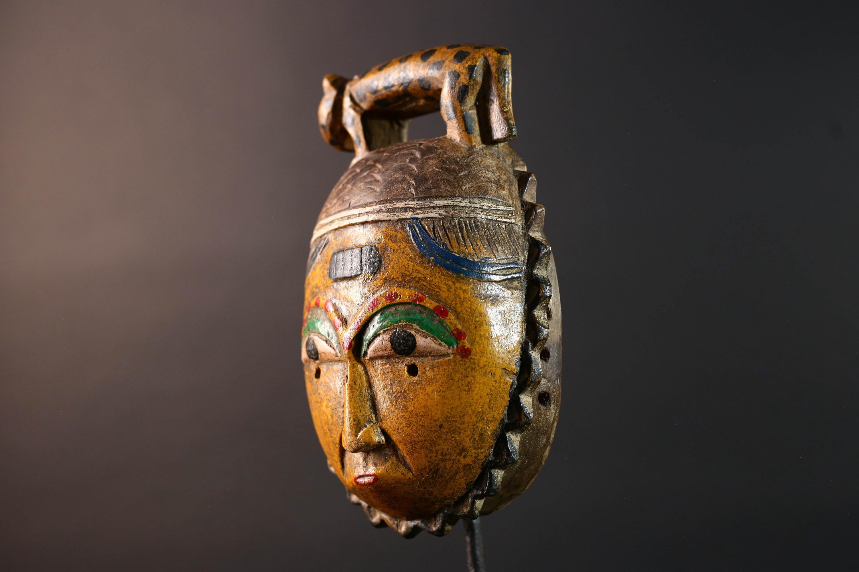 African guro mask wall decor yellow tribal art with animal crest hand carved face sculpture rustic african home gift for him portrait-G5534