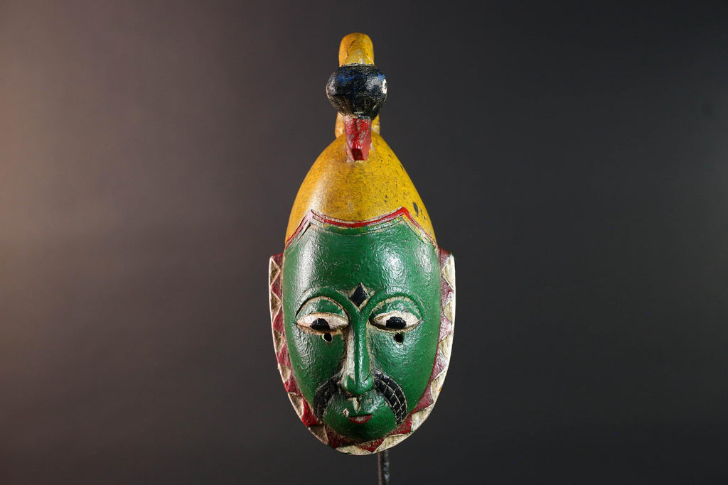 Africa guro mask green face with bird crest tribal art sculpture hand carved wood wall hanging african decor gift for him rustic piece-G5533