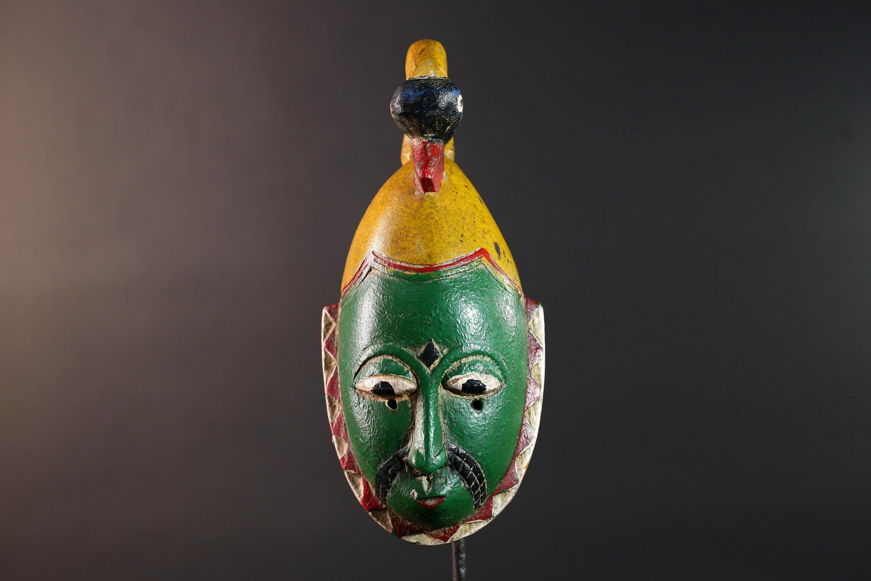 Africa guro mask green face with bird crest tribal art sculpture hand carved wood wall hanging african decor gift for him rustic piece-G5533