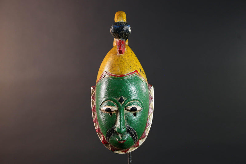 Africa guro mask green face with bird crest tribal art sculpture hand carved wood wall hanging african decor gift for him rustic piece-G5533