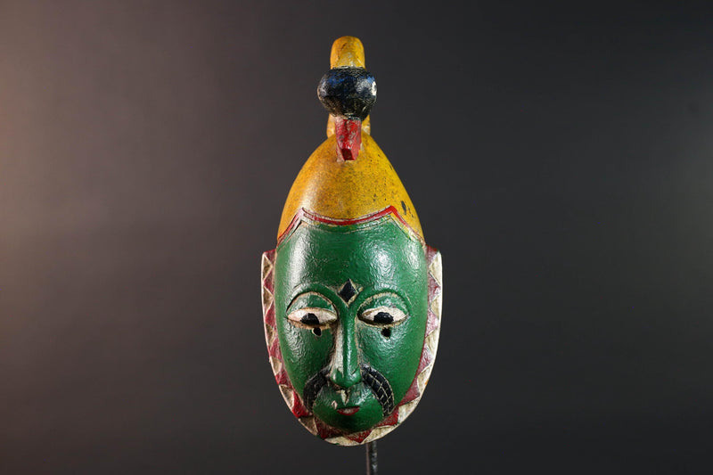 Africa guro mask green face with bird crest tribal art sculpture hand carved wood wall hanging african decor gift for him rustic piece-G5533