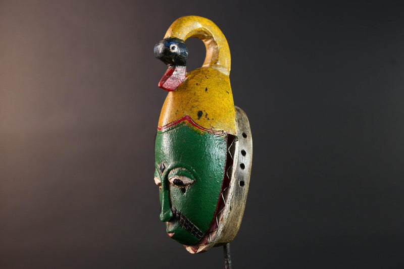 Africa guro mask green face with bird crest tribal art sculpture hand carved wood wall hanging african decor gift for him rustic piece-G5533