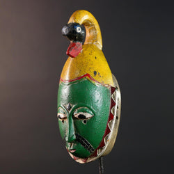 Africa guro mask green face with bird crest tribal art sculpture hand carved wood wall hanging african decor gift for him rustic piece-G5533