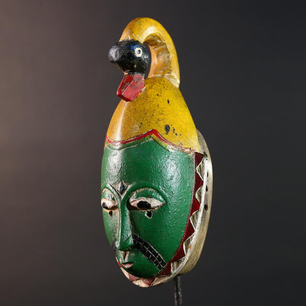 Africa guro mask green face with bird crest tribal art sculpture hand carved wood wall hanging african decor gift for him rustic piece-G5533