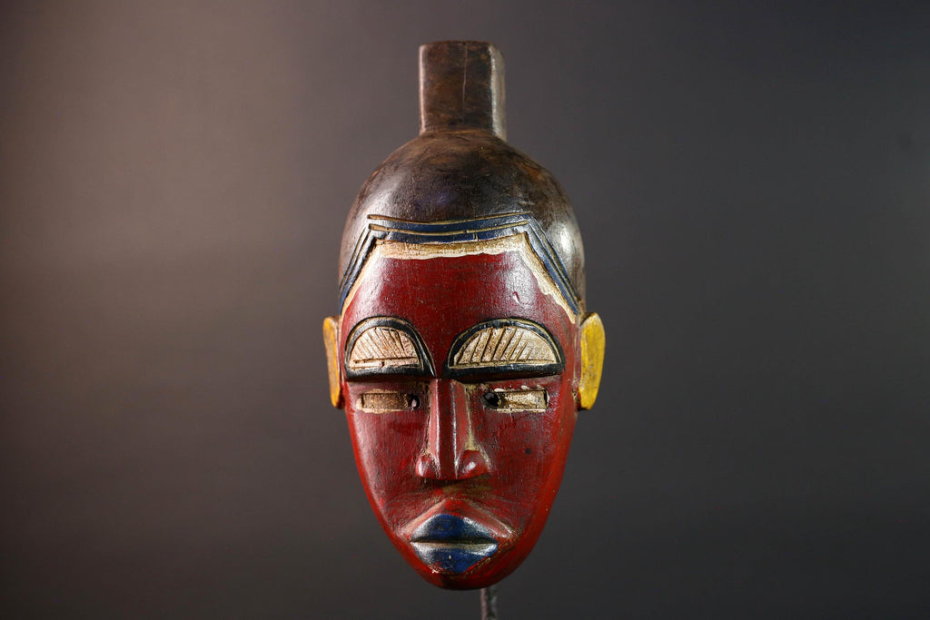 African baule wall mask red tribal face carved art sculpture with blue lips yellow ears rustic african decor gift for him hand carved-G5532